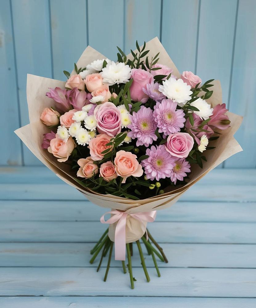 Букет цветов из: Хризантемы, Розы и Альстромерии в Ямкино