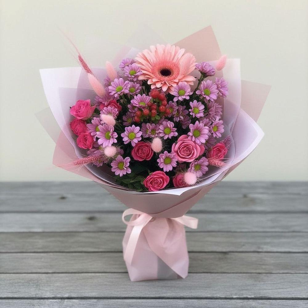 Букет цветов из: Розы, Герберы и Хризантемы в Ямкино