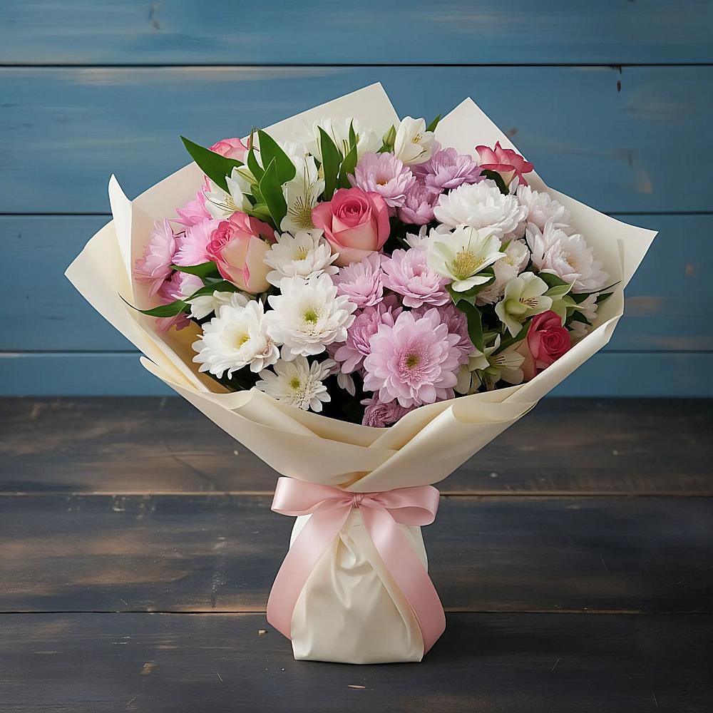 Букет цветов из: Хризантемы, Альстромерии и Розы в Ямкино